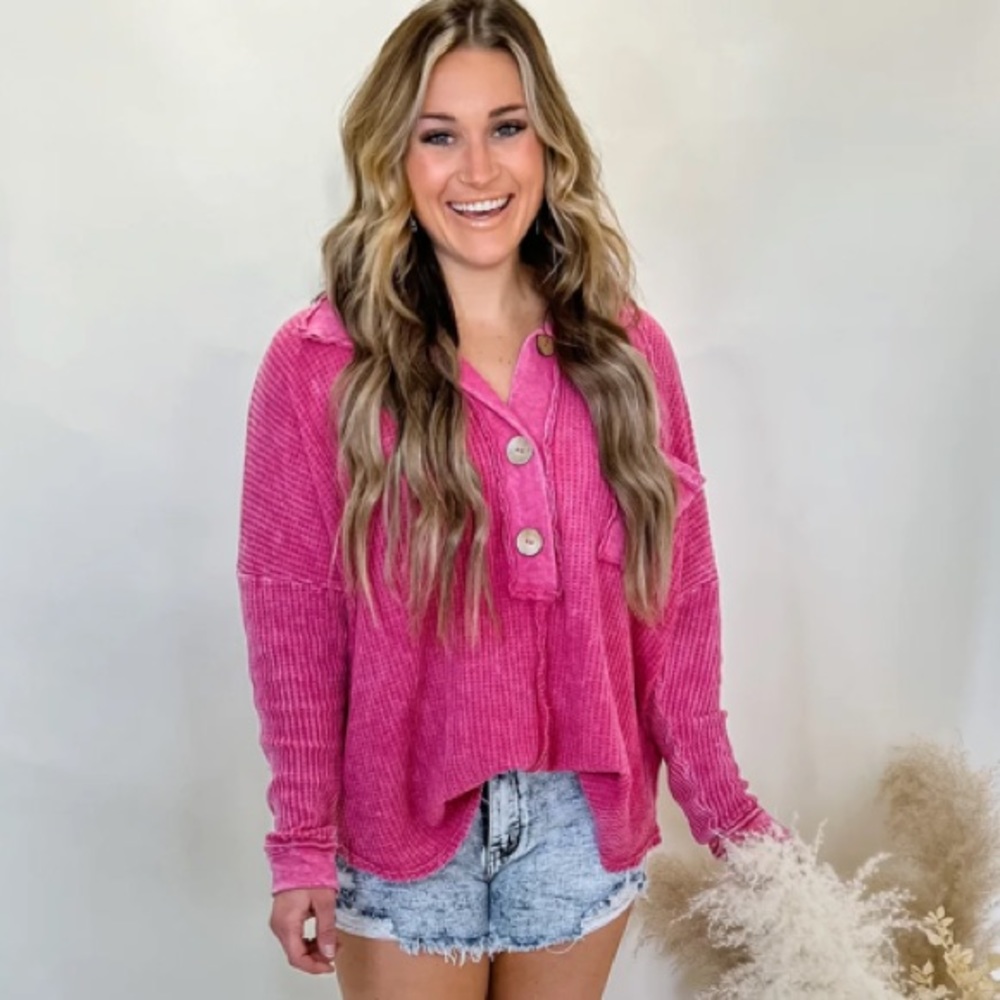 Blue Buttercup Tickled Pink Oversized Waffle Knit Thermal Top Size Large